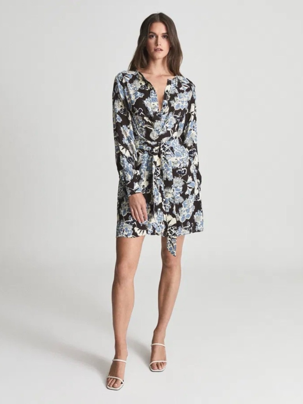 Reiss Black Floral Wrap Mini Dress with Blue Accents